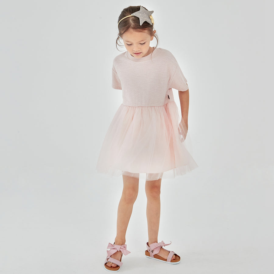 pink, round neck, short sleeves dress with tulle bottom.