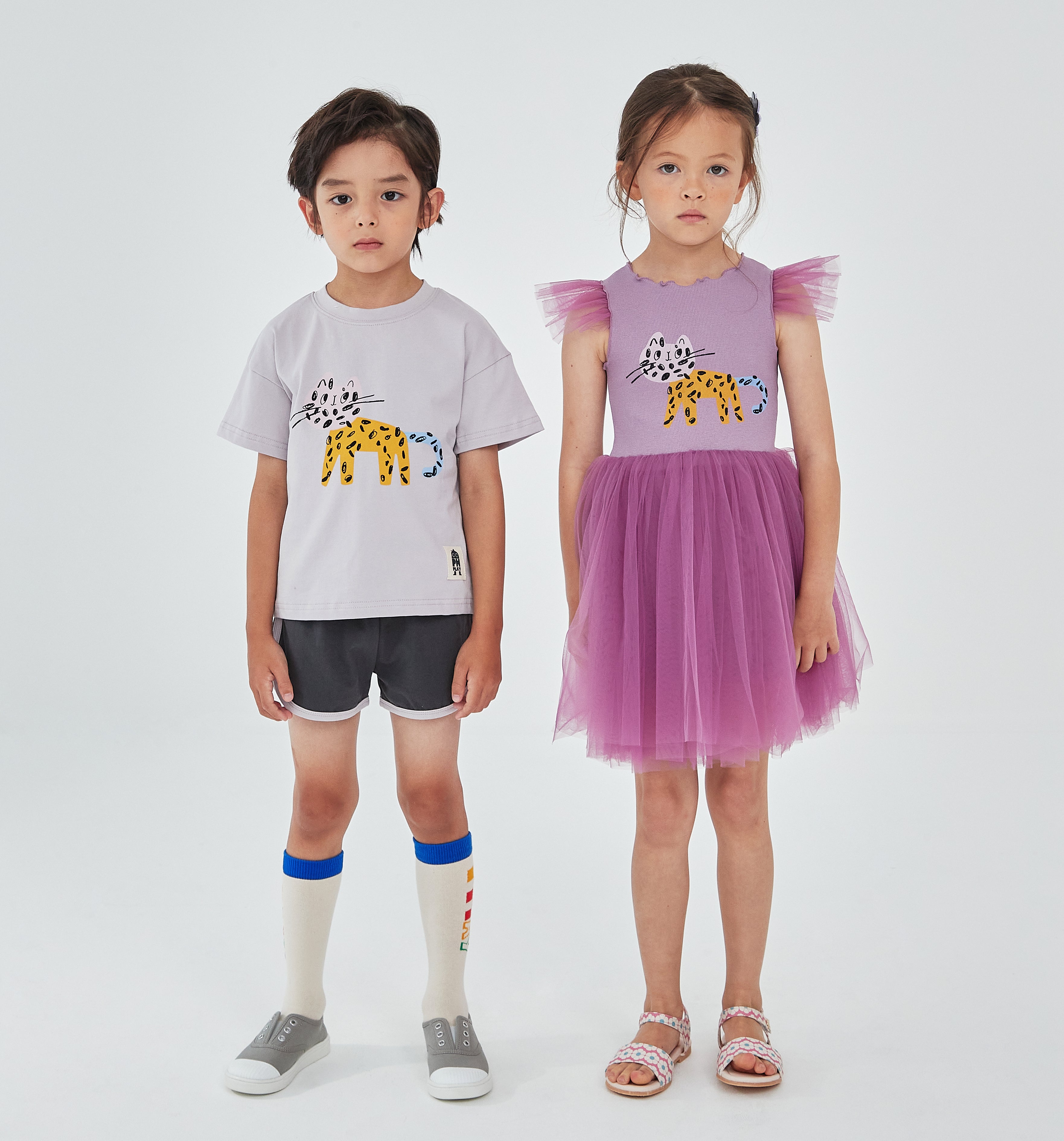 purple tutu dress with abstract multicolor cat print on the top front