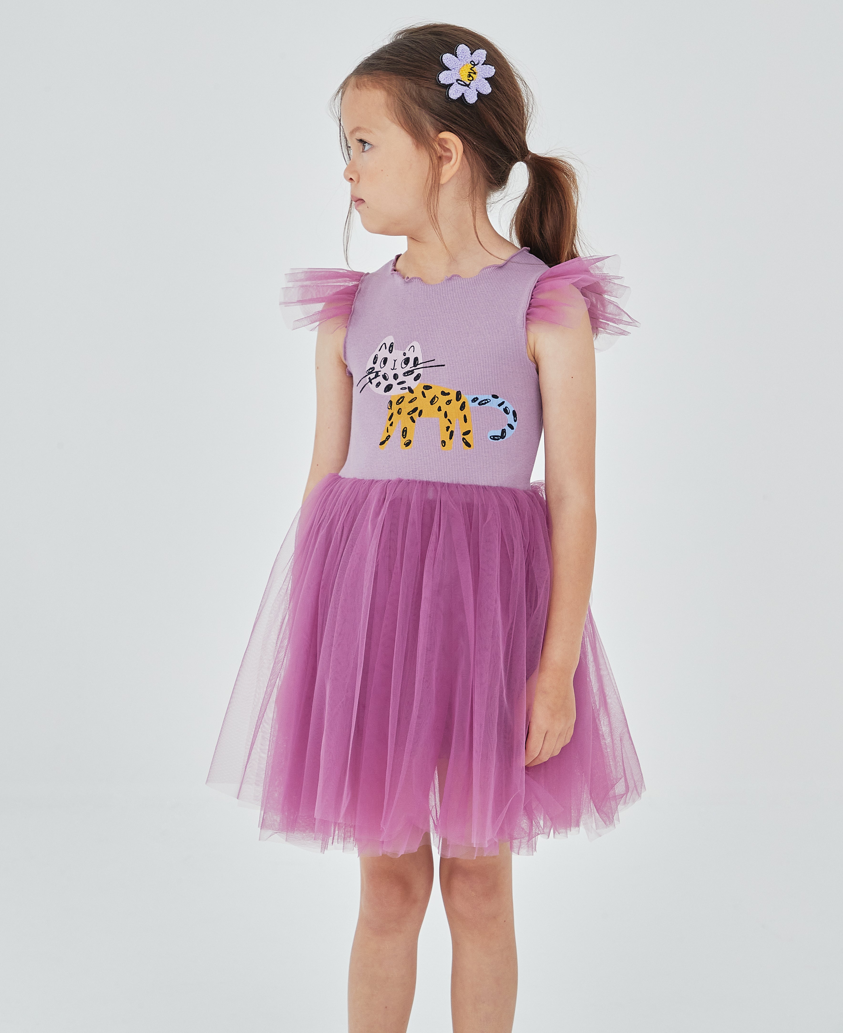 purple tutu dress with abstract multicolor cat print on the top front