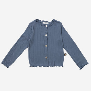 Dark blue, long sleeve cardigan with simple buttons.