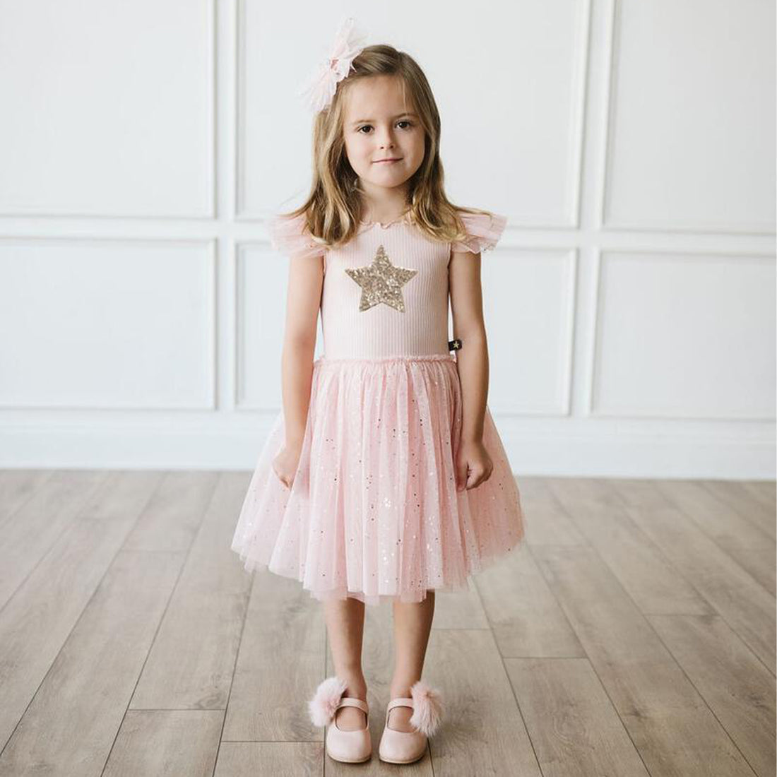 pink sparkle tutu dress with gold star 