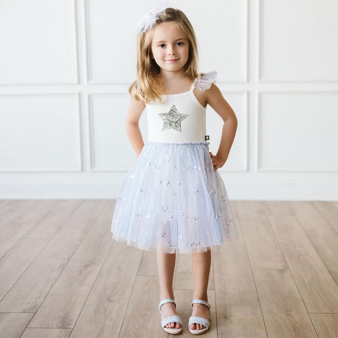 blue spangle tutu dress with silver glitter star