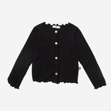 Black, long sleeve cardigan with simple buttons.