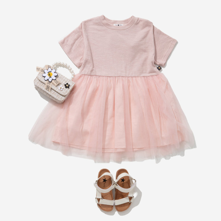 pink, round neck, short sleeves dress with tulle bottom.