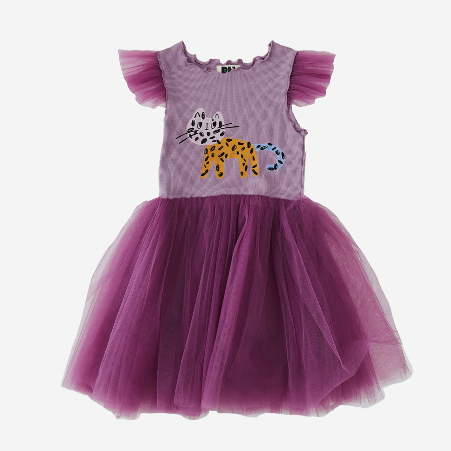 purple tutu dress with abstract multicolor cat print on the top front 