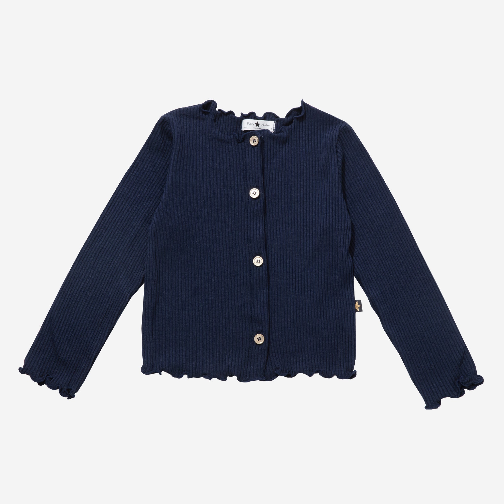 Navy, long sleeve cardigan with simple buttons.