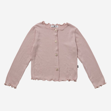 Light pink, long sleeve cardigan with simple buttons.