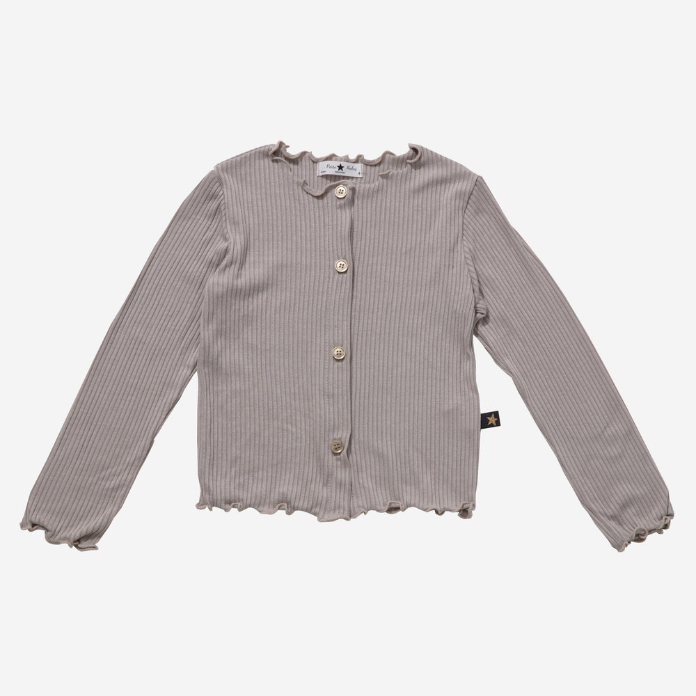 Beige, long sleeve cardigan with simple buttons.