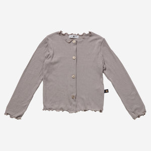 Beige, long sleeve cardigan with simple buttons.