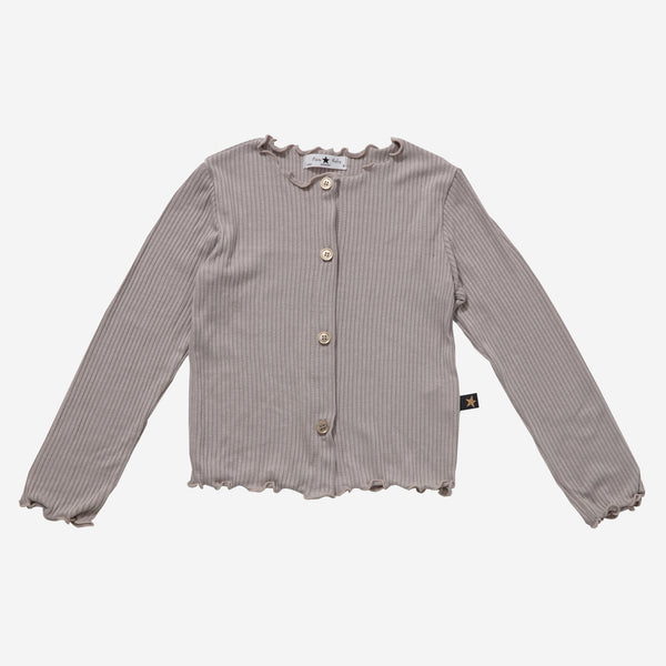Beige, long sleeve cardigan with simple buttons.