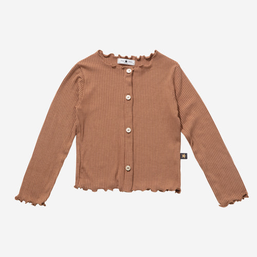 Camel, long sleeve cardigan with simple buttons.