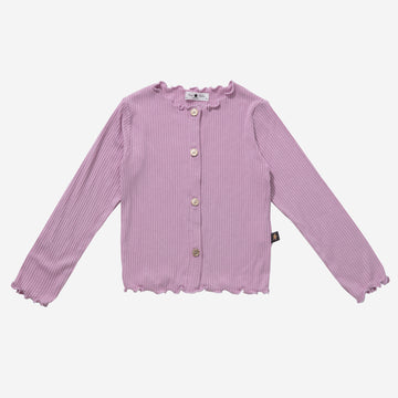 Purple, long sleeve cardigan with simple buttons.