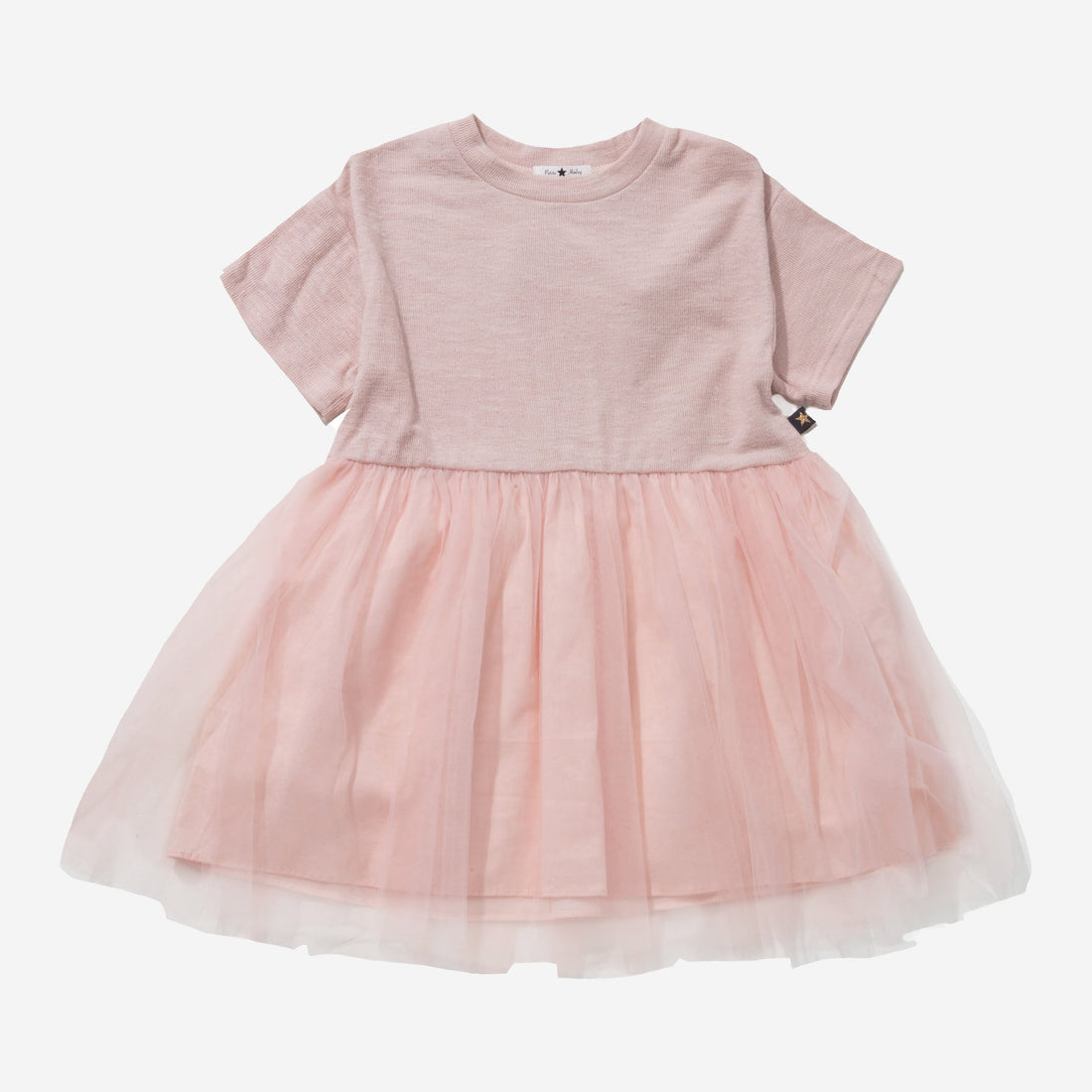 pink, round neck, short sleeves dress with tulle bottom.