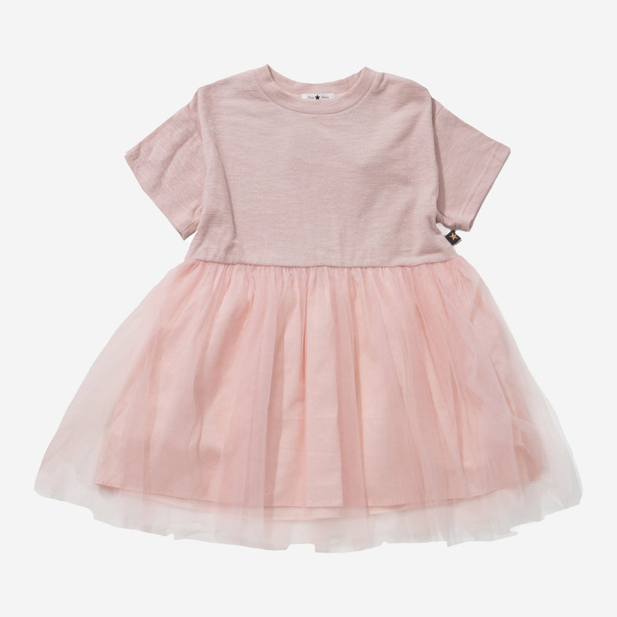 pink, round neck, short sleeves dress with tulle bottom.