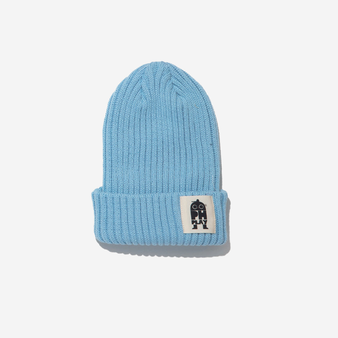 knitted blue hat with black ph play logo on white background