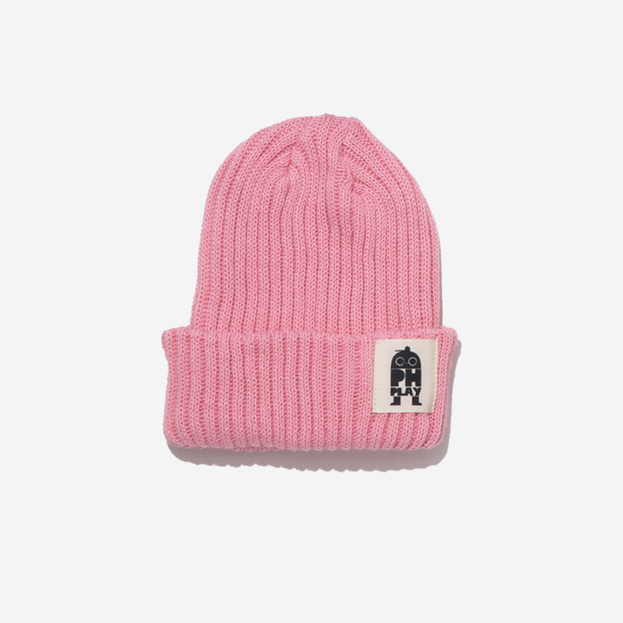 knitted pink hat with black ph play logo on white background