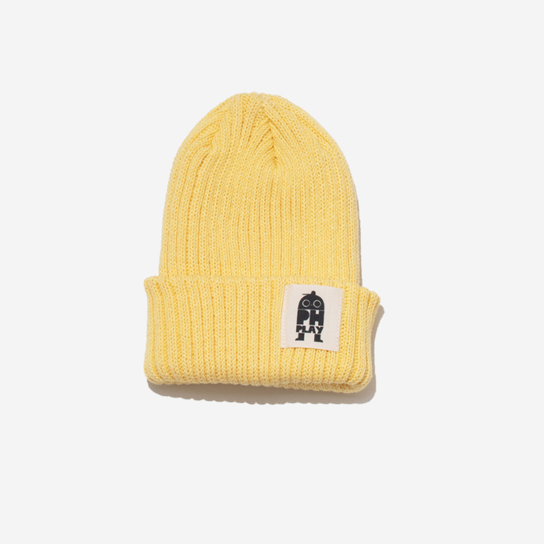 knitted yellow hat with black ph play logo on white background