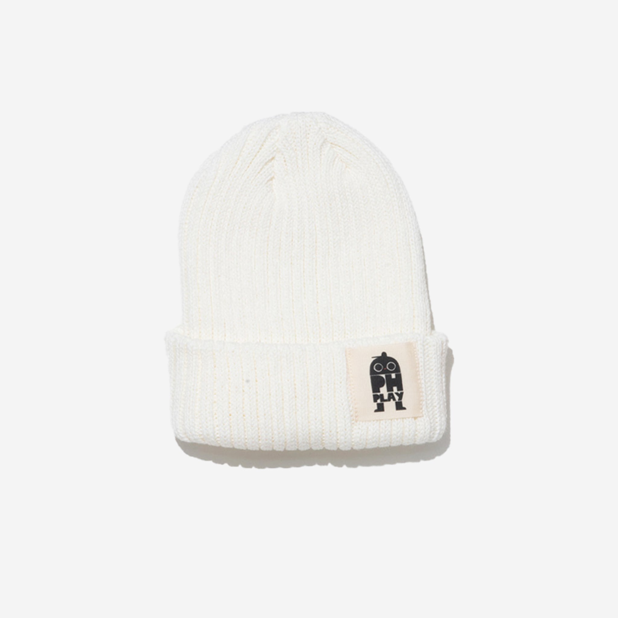 knitted ivory hat with black ph play logo on white background
