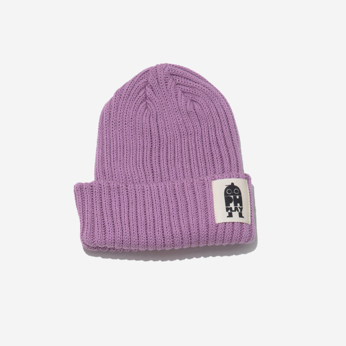 knitted purple hat with black ph play logo on white background