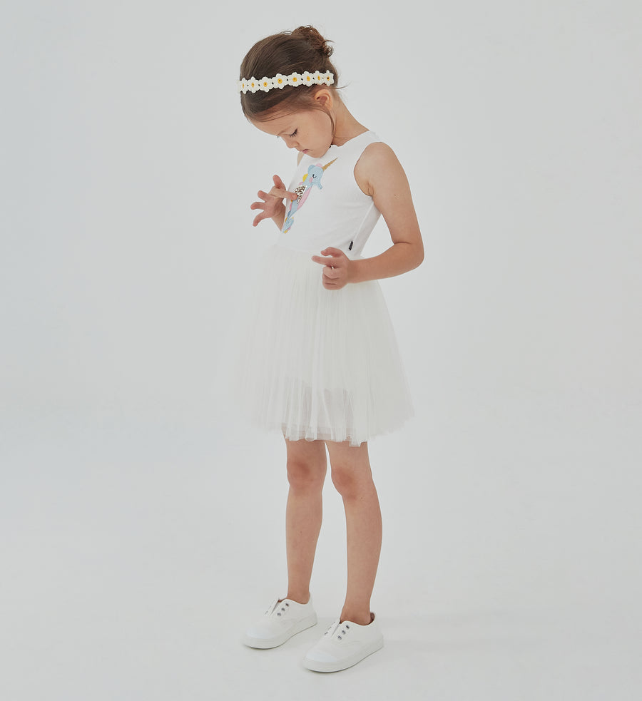 white sleeveless seahorse tutu dress with seahorse on the front top