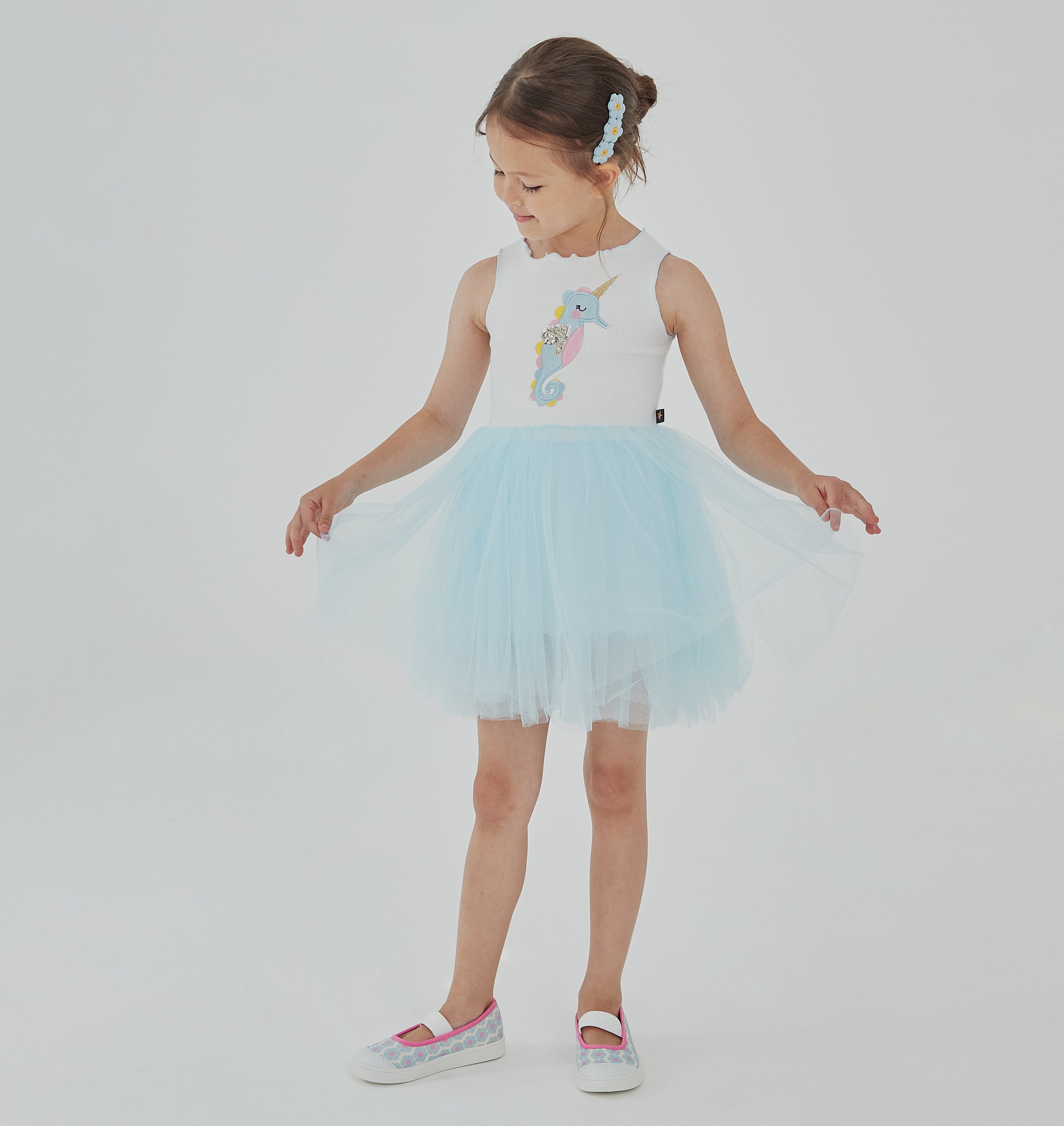 blue sleeveless seahorse tutu dress with seahorse on the front top