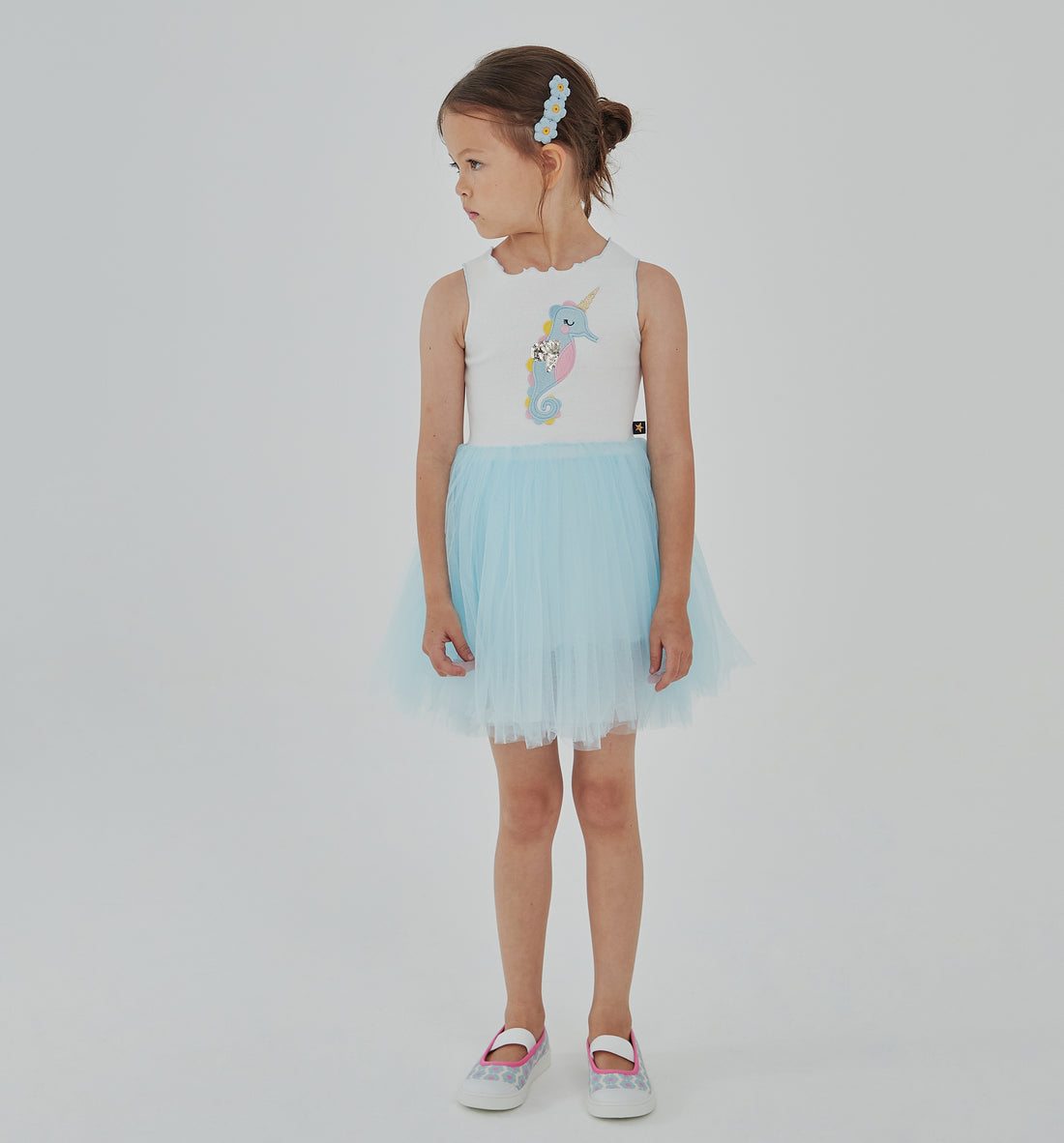 blue sleeveless seahorse tutu dress with seahorse on the front top