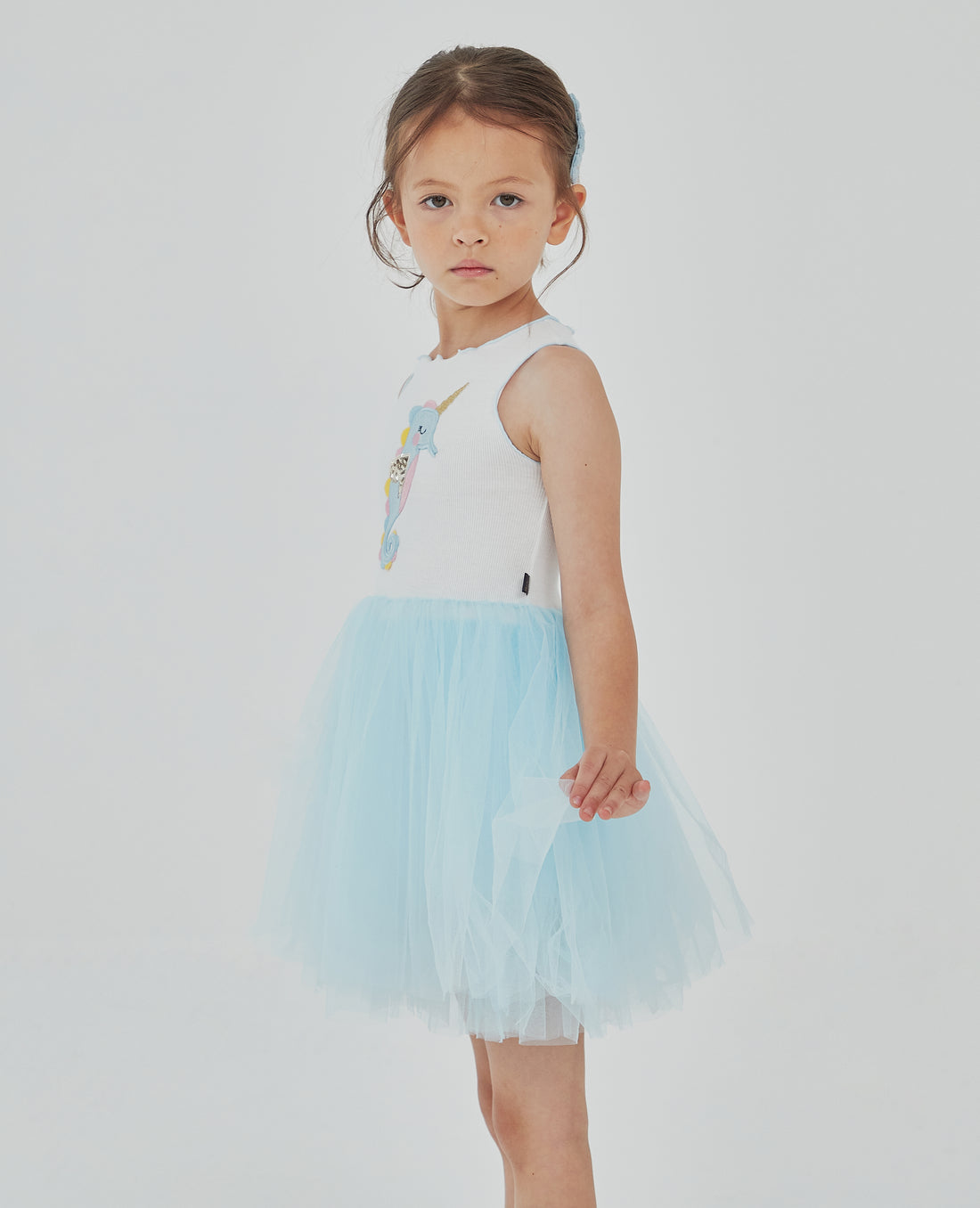 blue sleeveless seahorse tutu dress with seahorse on the front top