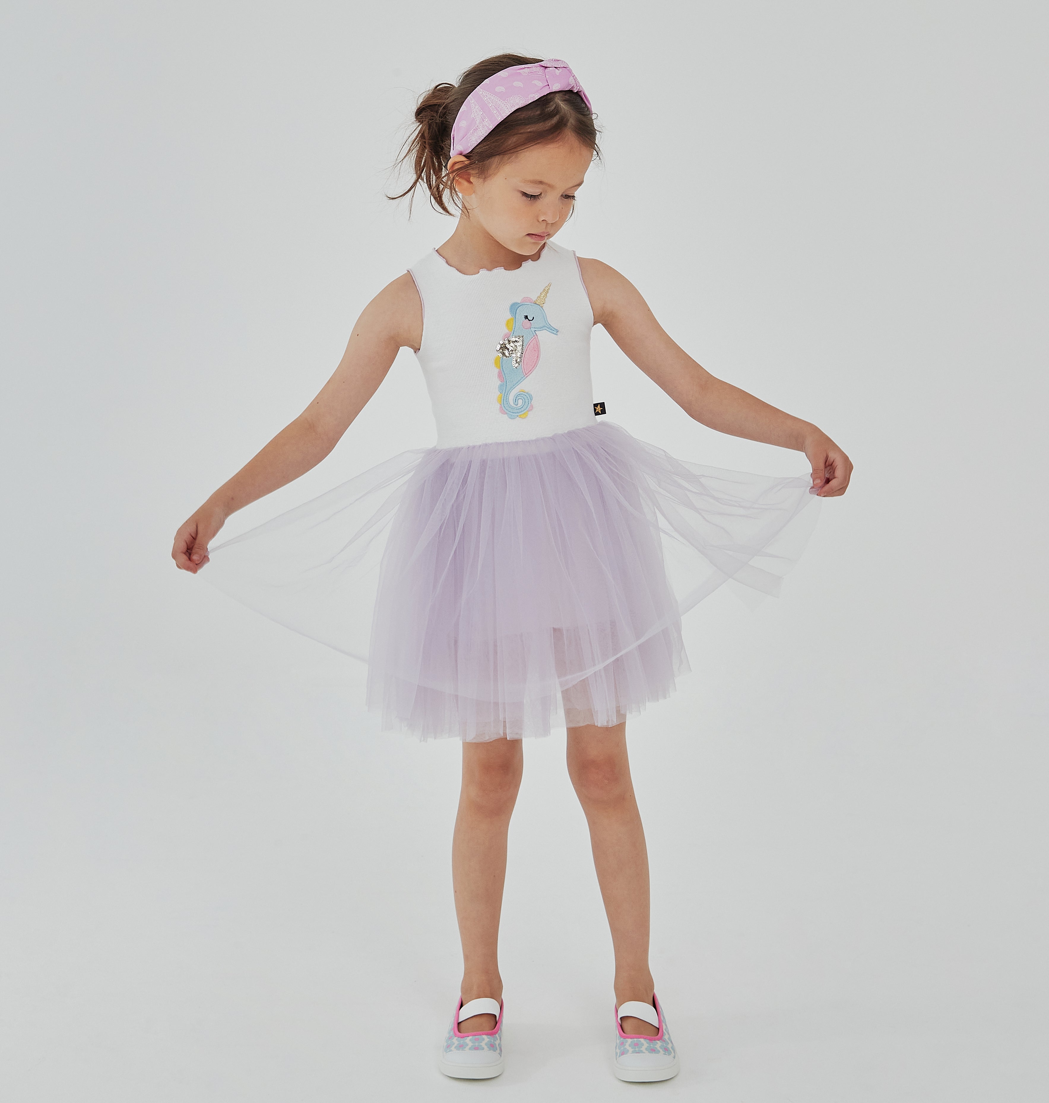 purple sleeveless seahorse tutu dress with seahorse on the front top