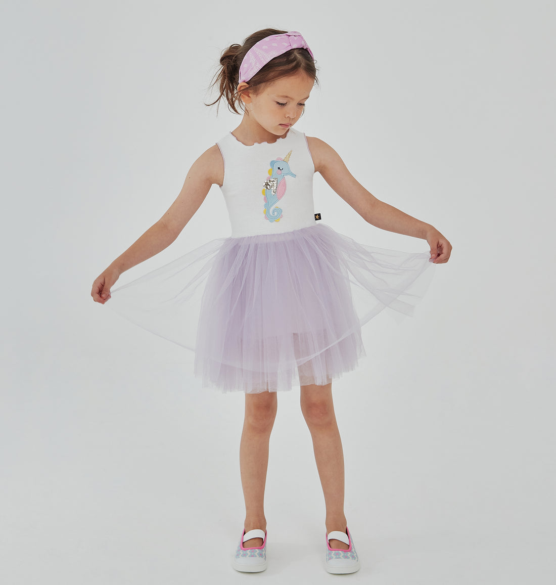 purple sleeveless seahorse tutu dress with seahorse on the front top