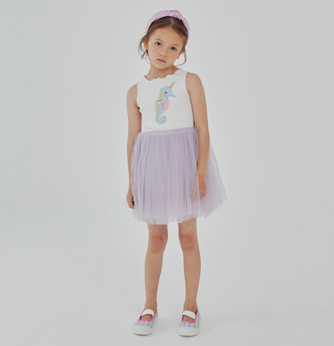 purple sleeveless seahorse tutu dress with seahorse on the front top