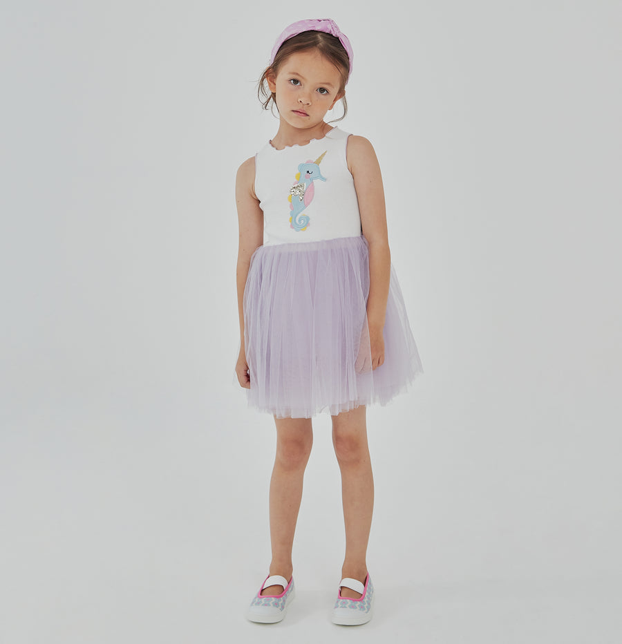 purple sleeveless seahorse tutu dress with seahorse on the front top