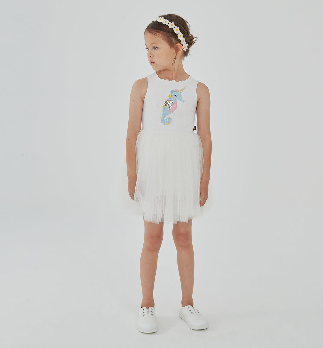 white sleeveless seahorse tutu dress with seahorse on the front top