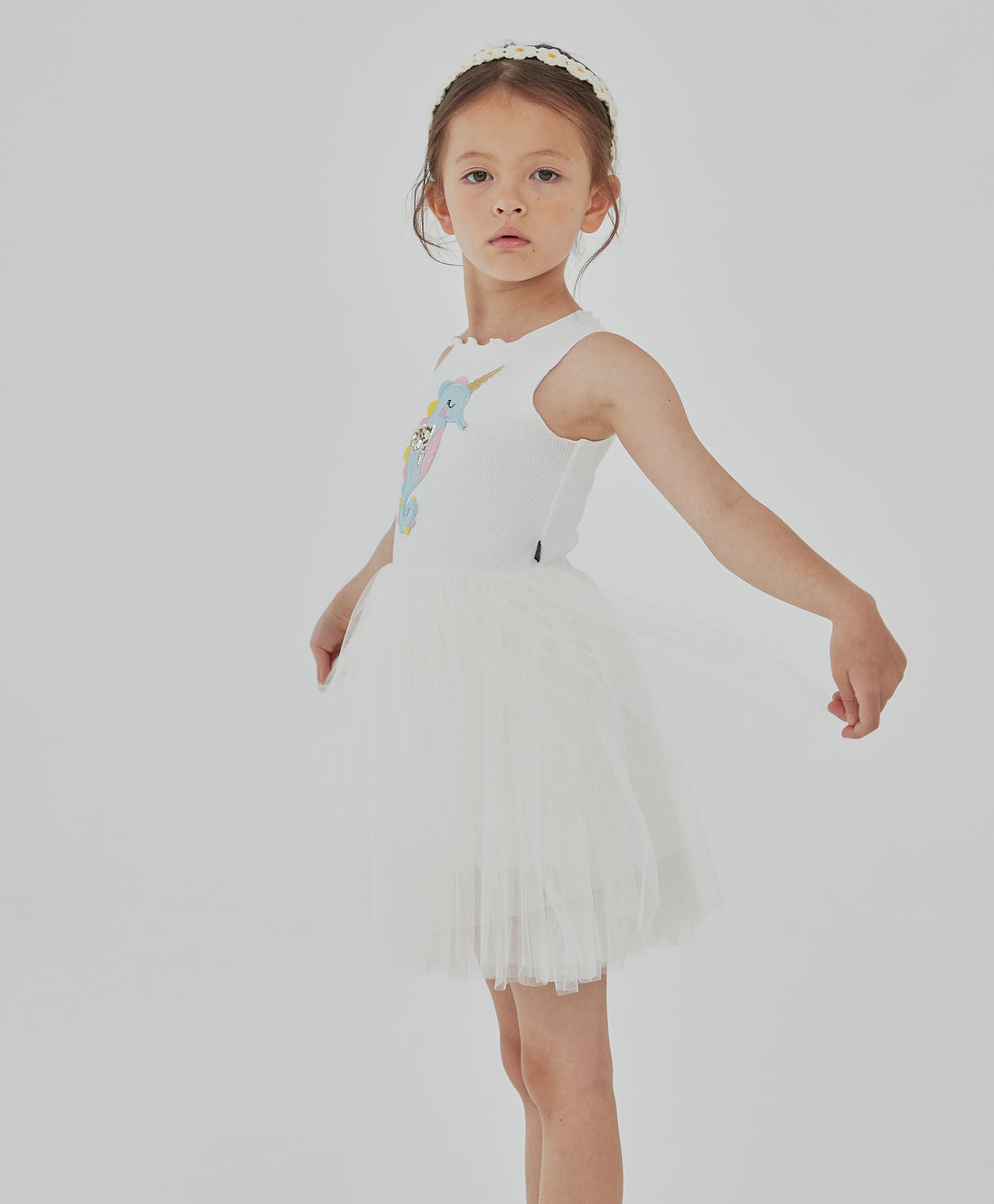 white sleeveless seahorse tutu dress with seahorse on the front top