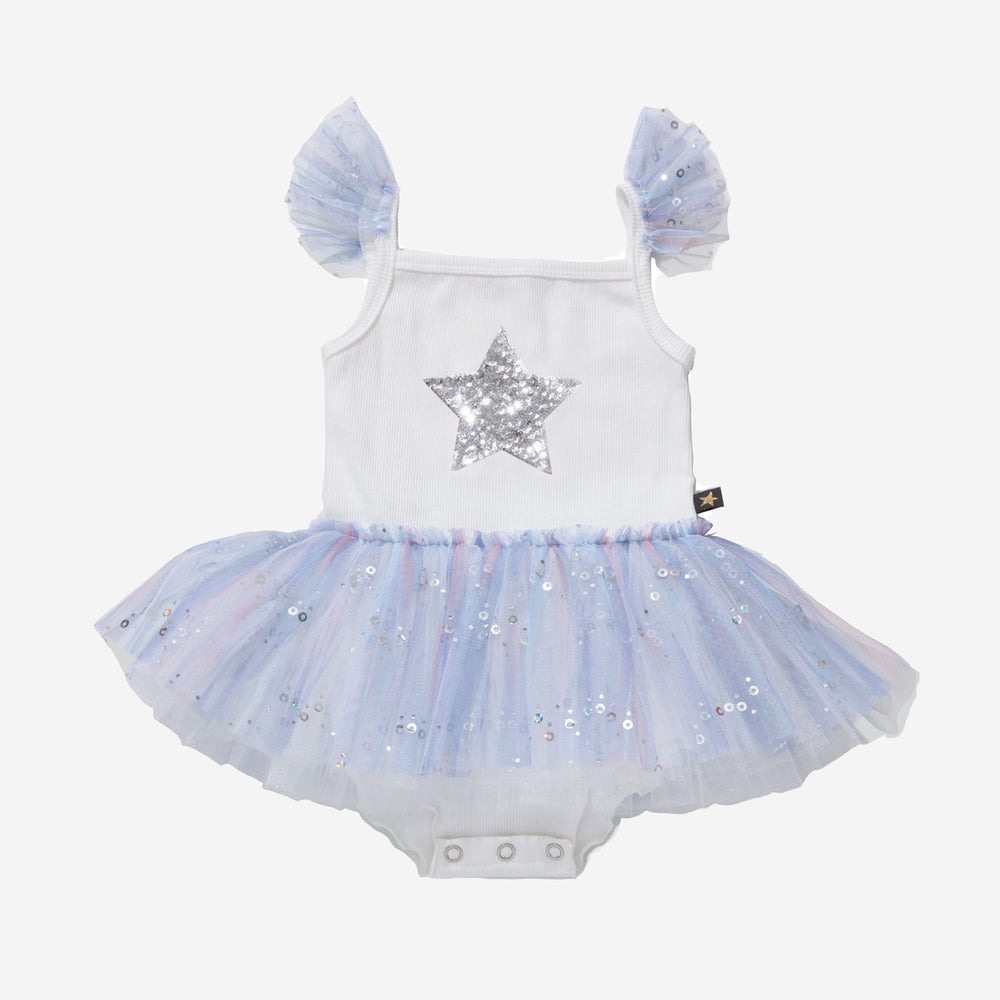 blue baby spangle tutu onesie with silver glitter star 