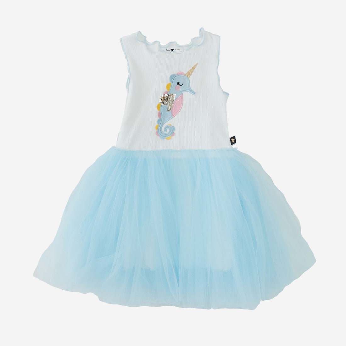 blue sleeveless seahorse tutu dress with seahorse on the front top