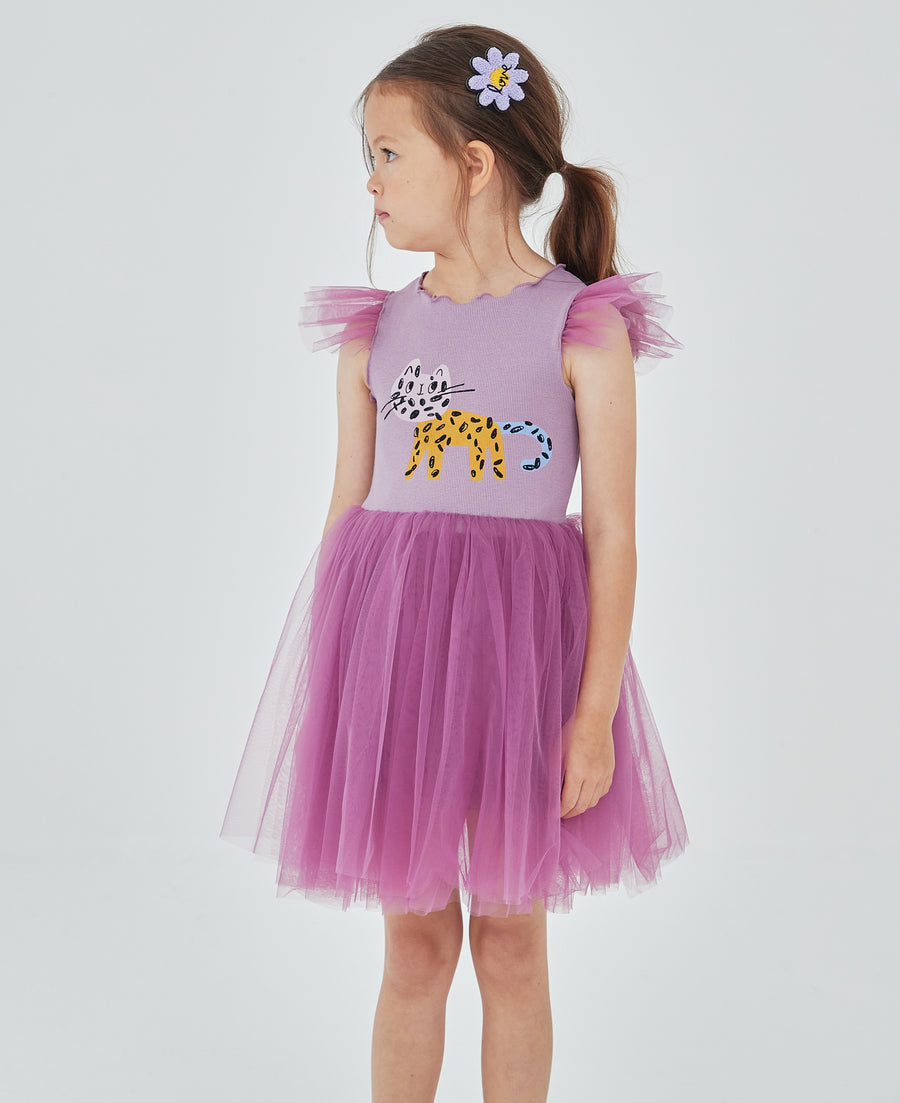 purple tutu dress with abstract multicolor cat print on the top front 
