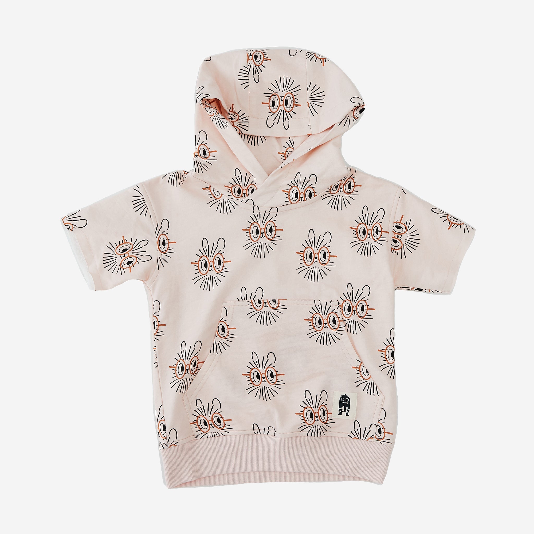 The Hedgehog short sleeve Print Hoodie has a light peach background with Hedgehog abstract faces with a cute orange eye glasses. the hoodie has an attached hat and kangaroo pocket.