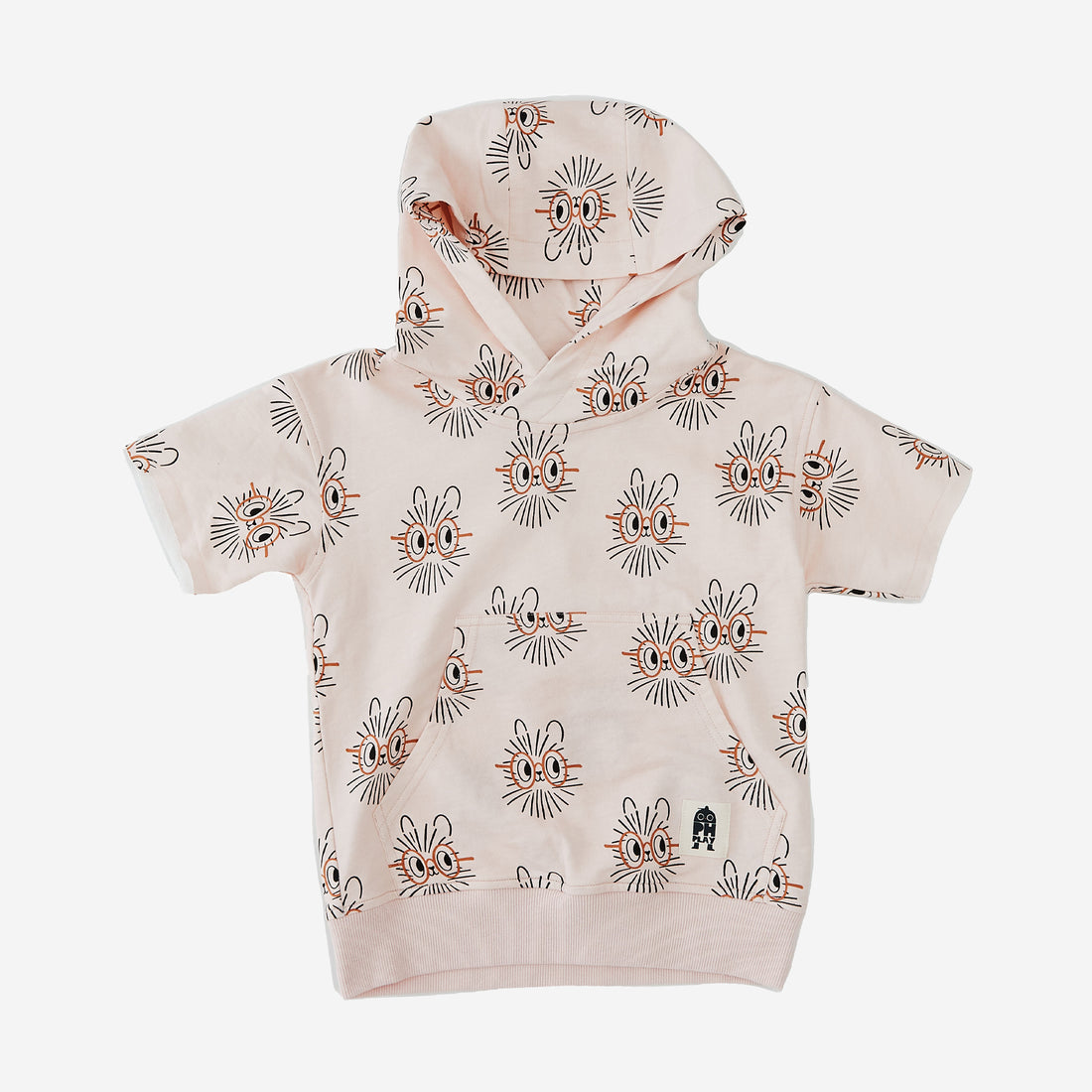 The Hedgehog short sleeve Print Hoodie has a light peach background with Hedgehog abstract faces with a cute orange eye glasses. the hoodie has an attached hat and kangaroo pocket.