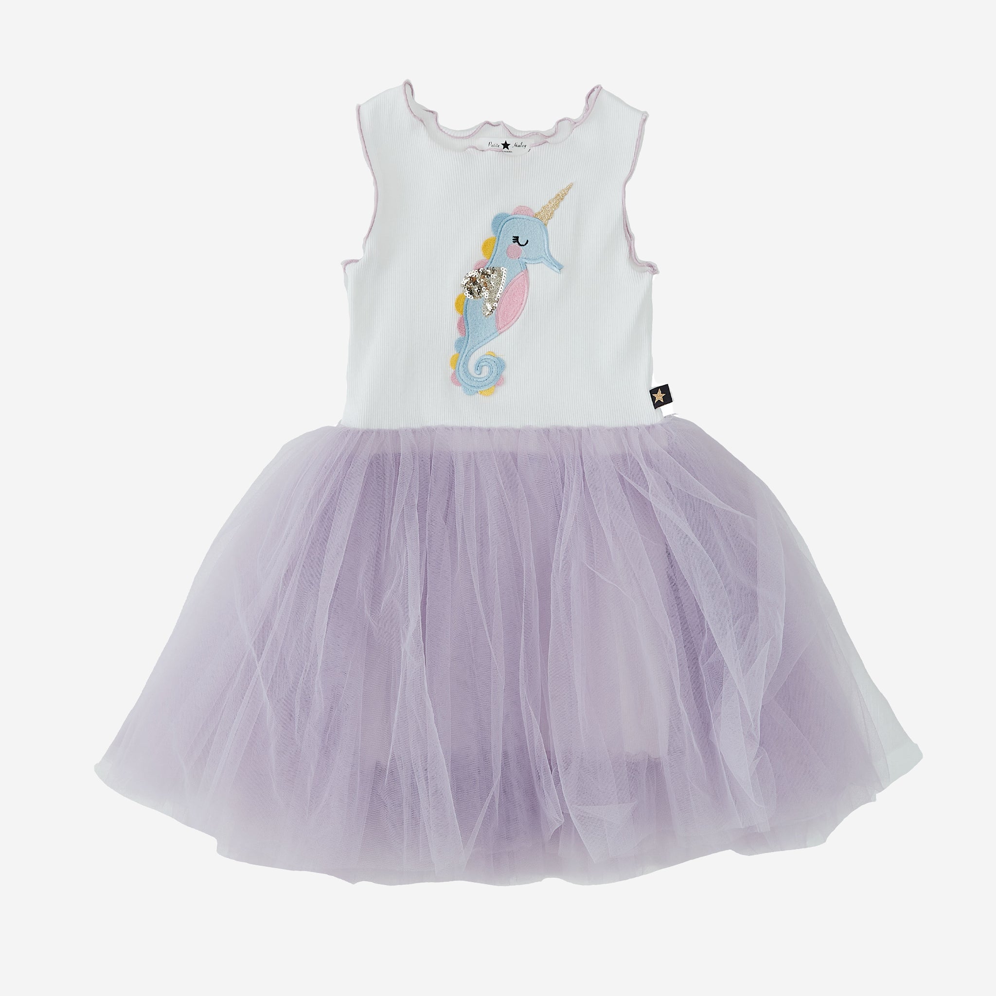 purple sleeveless seahorse tutu dress with seahorse on the front top