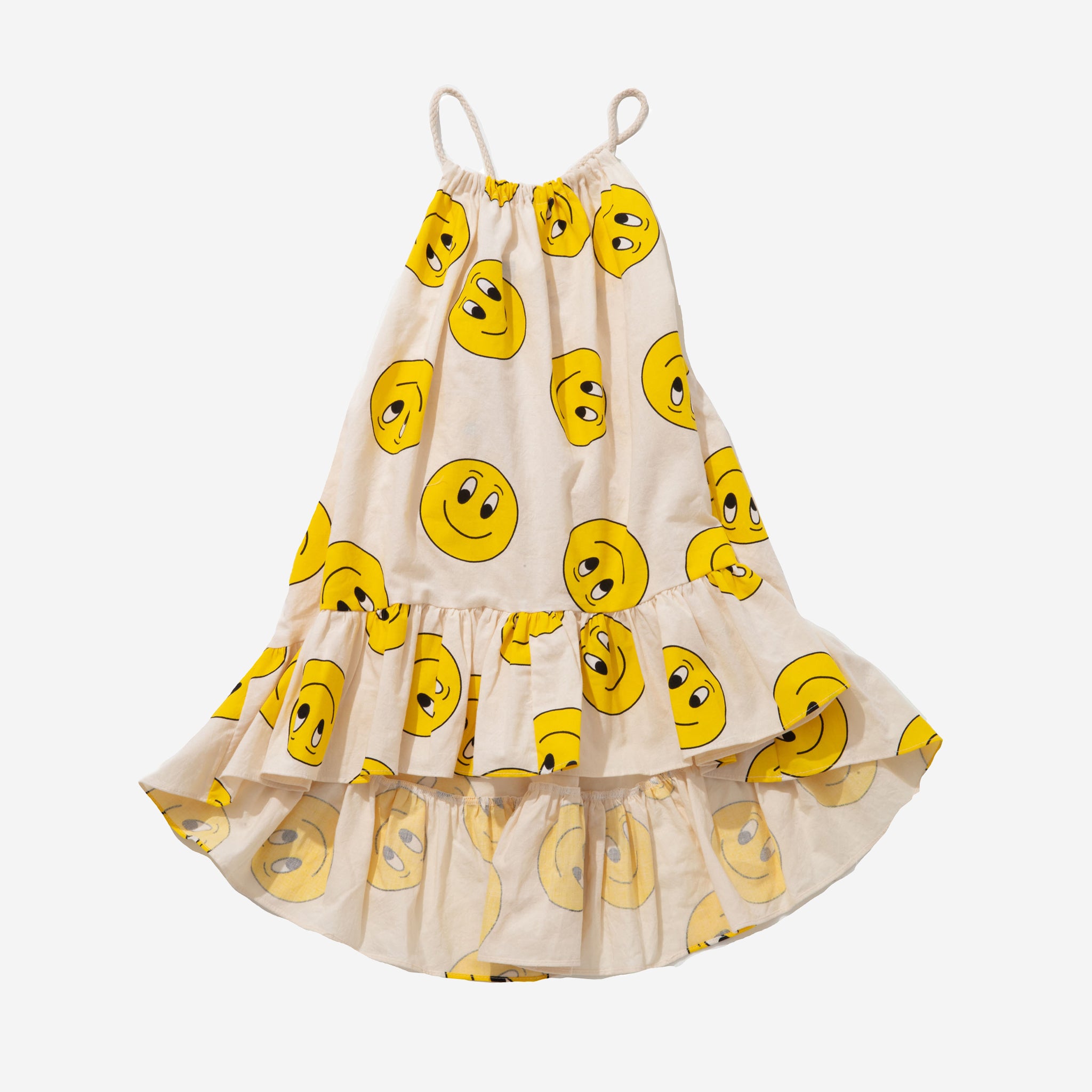 yellow smiley faces on cream background, top of the dress has adjustable robe 