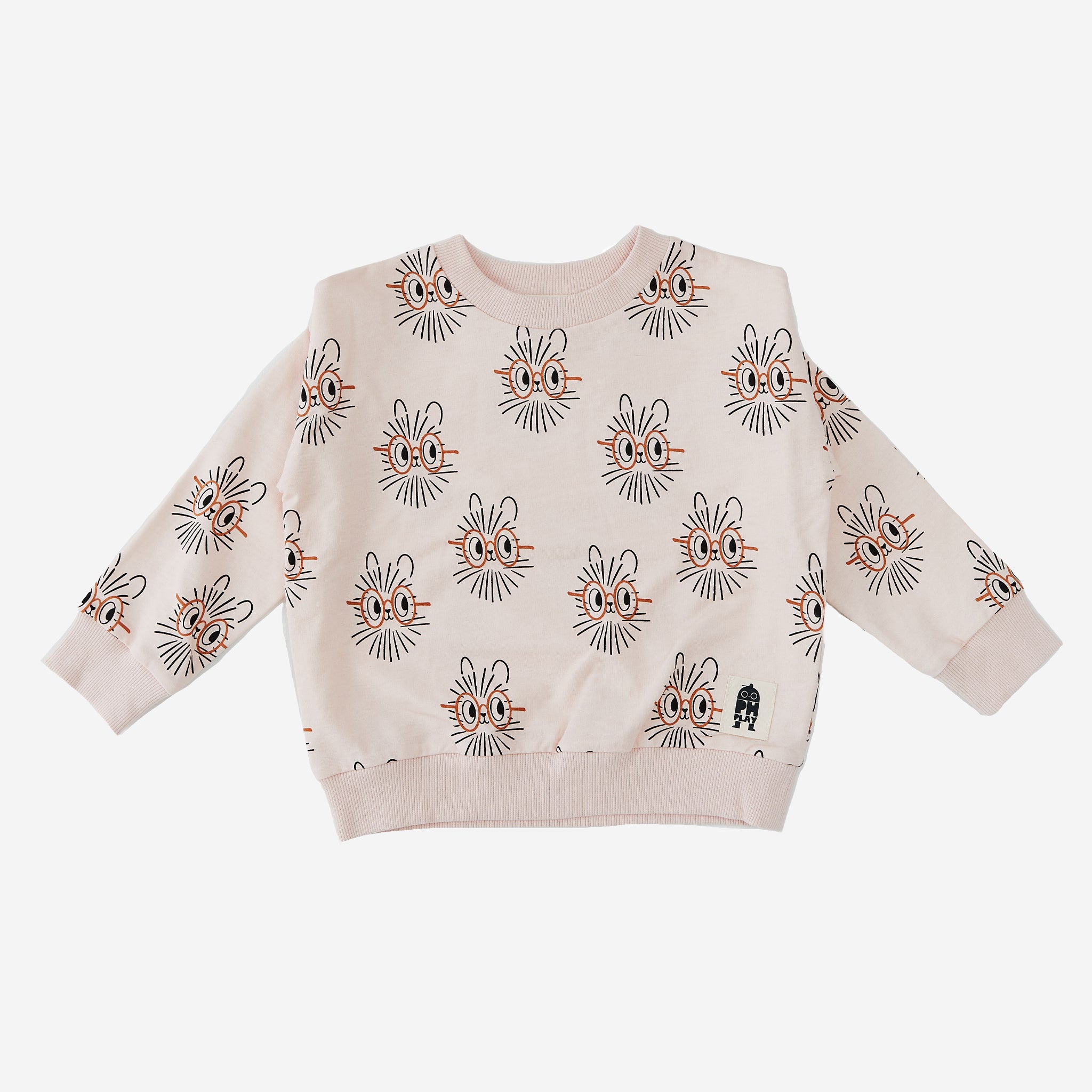 Hedgehog sweatshirt with light peach color background and motives, the sweatshirt has rib round neck and cuffs