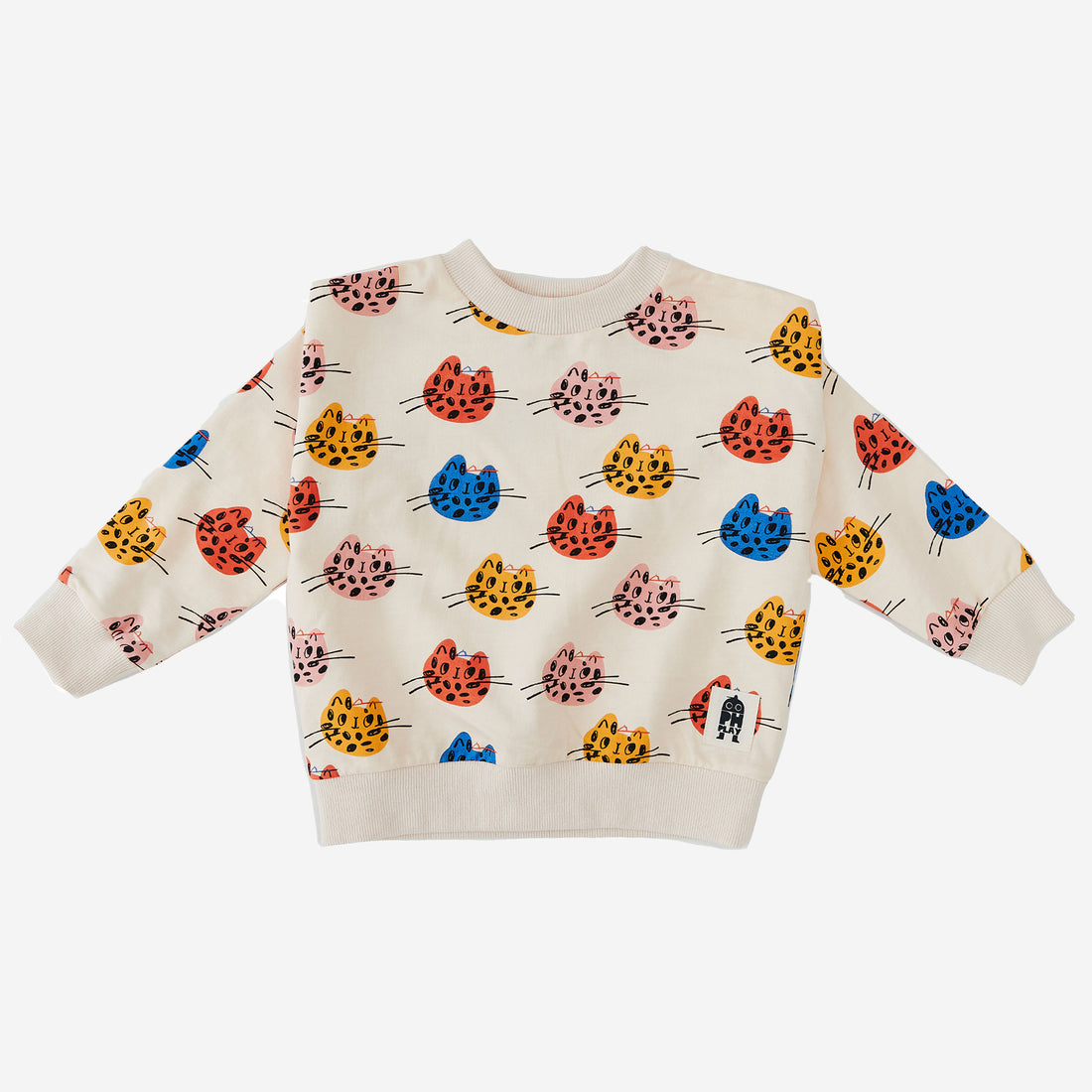 Multi Cat sweatshirt with cream background and multi colors cats. The sweatshirt has rib round neck and cuffs