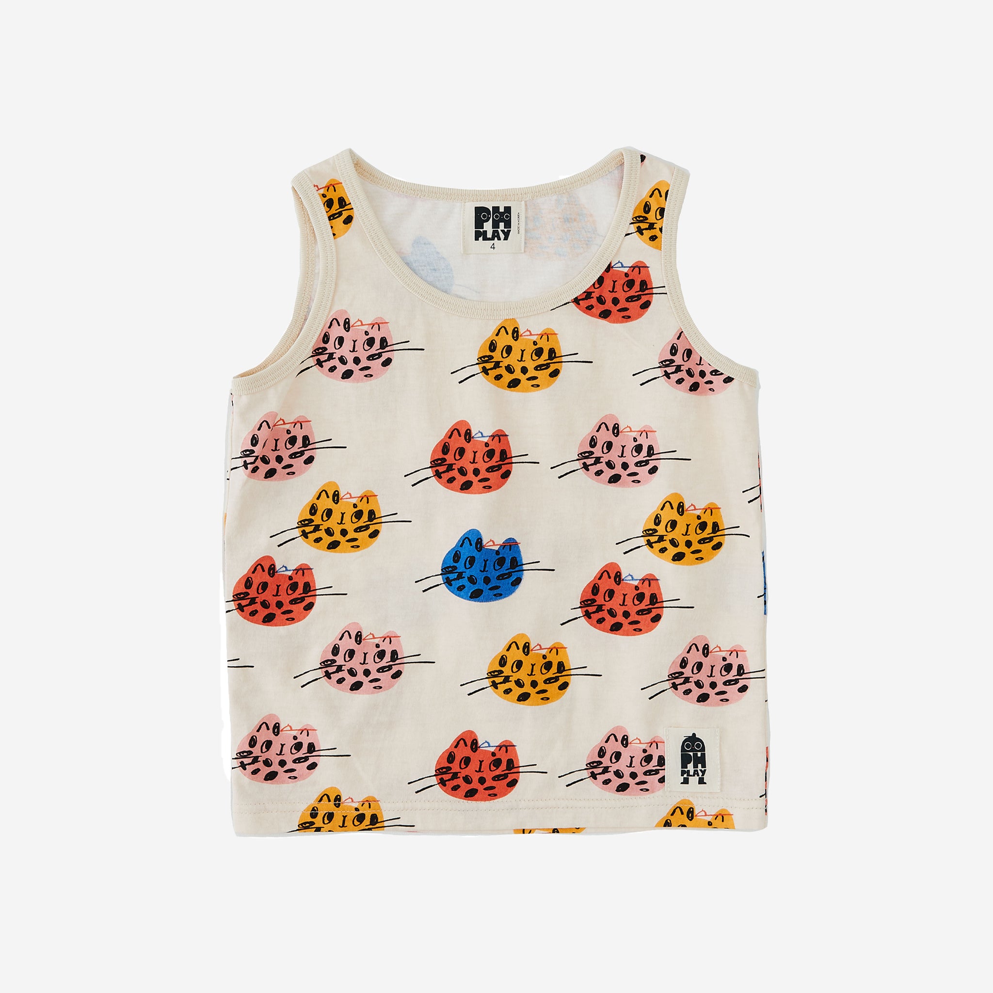 The multi cat print tanktop has a cream background with abstract multi color cat faces
