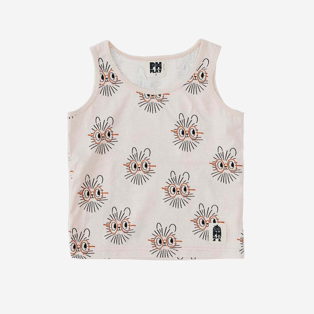 The Hedgehog print tanktop has a light peach background with abstract hedgehog faces with orange oval eye glasses.