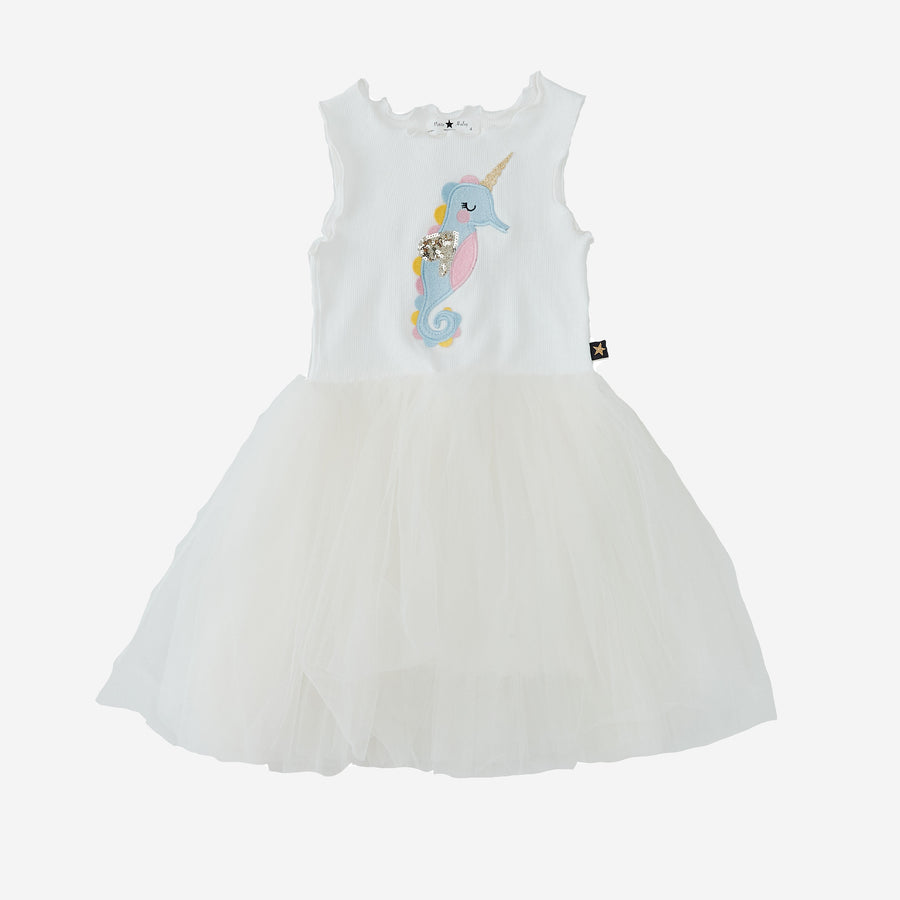 white sleeveless seahorse tutu dress with seahorse on the front top