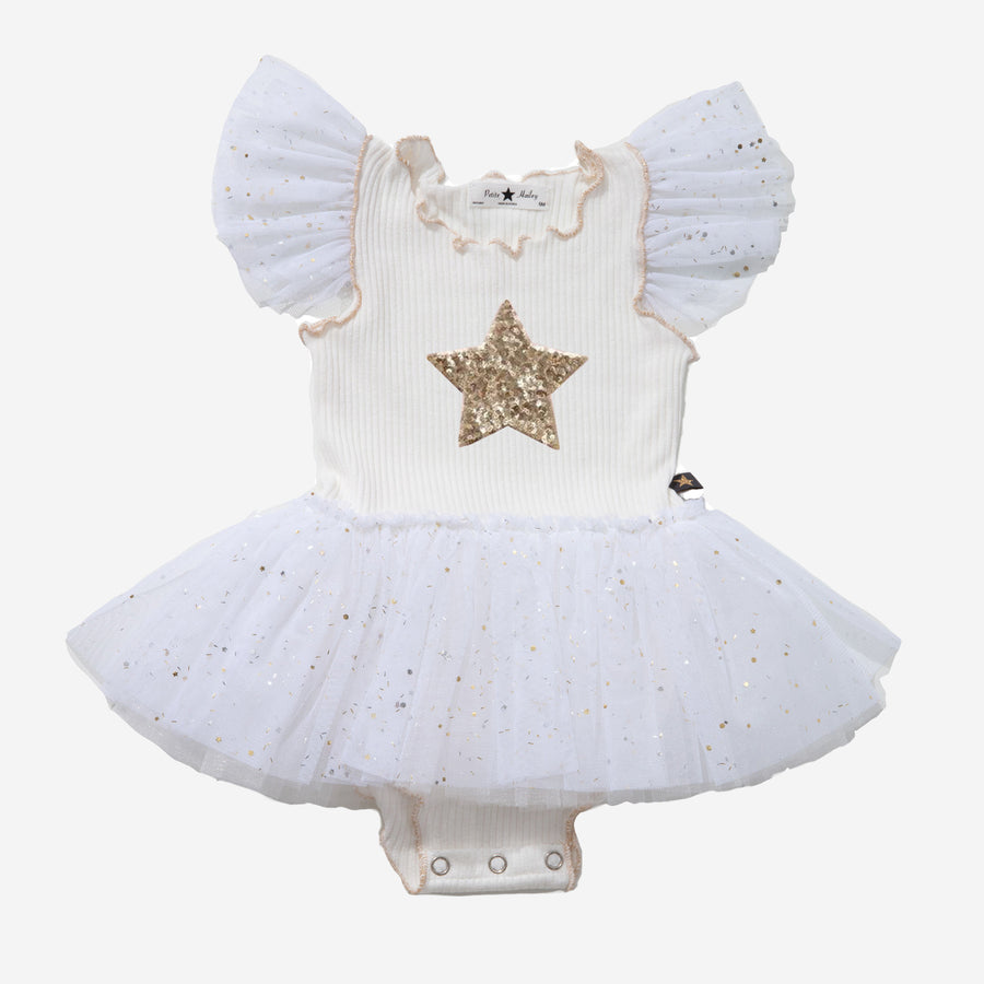 white baby sparkle onesie with gold glitter star