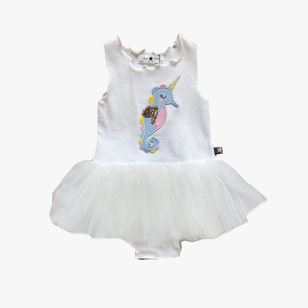 white baby seahorse onesie 